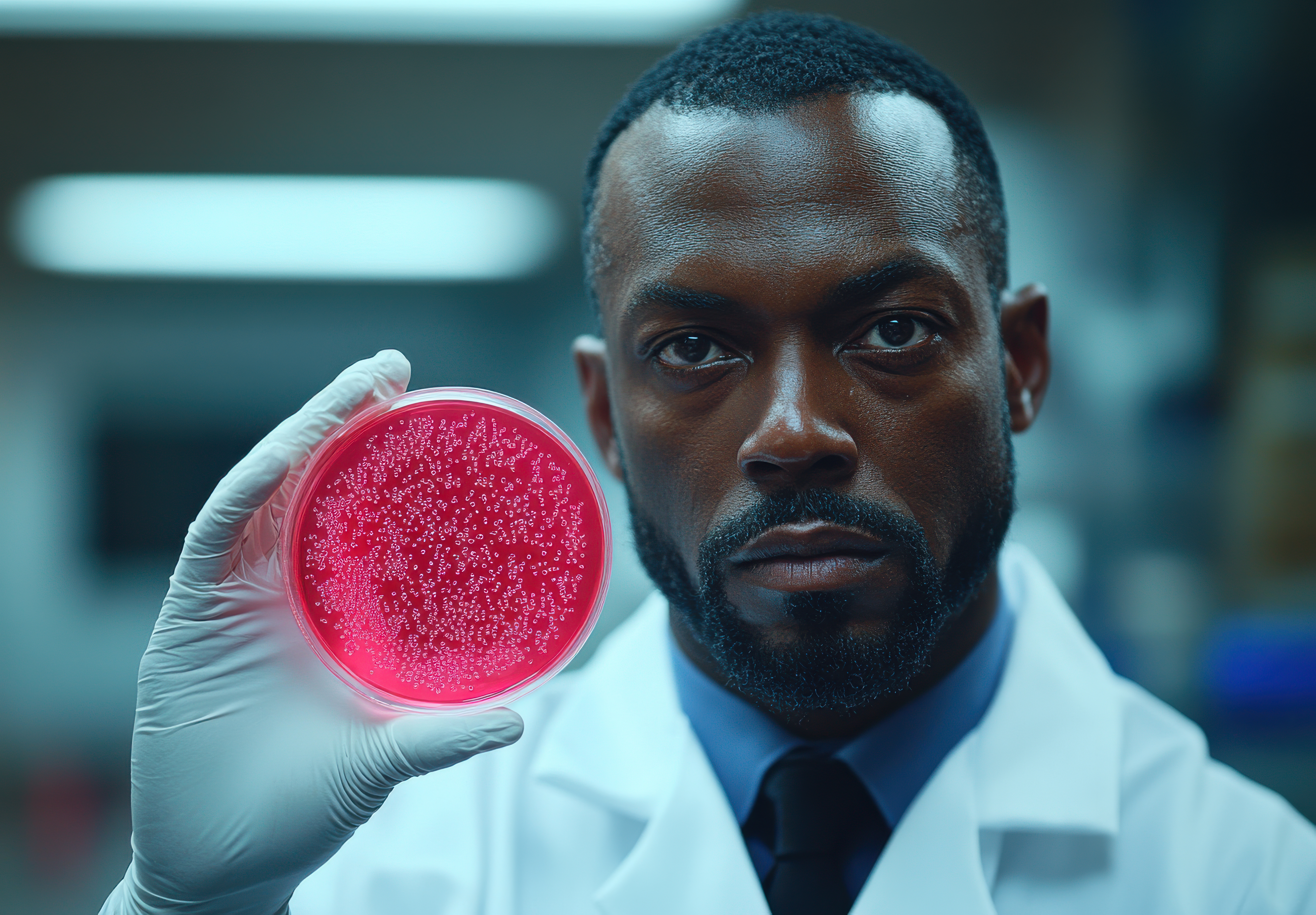 close up portrait of a scientist examining a petri dish in a laboratory
